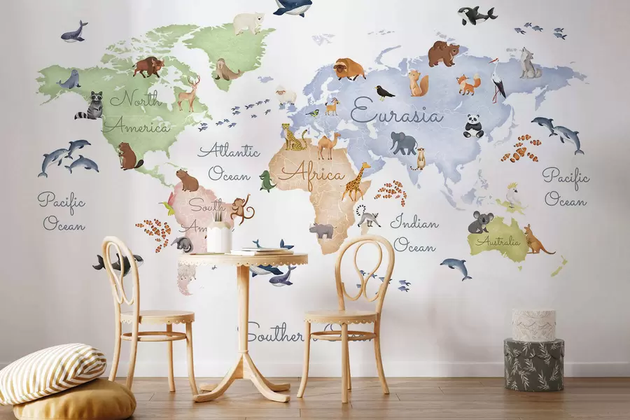 murales de pared Un mapa a color con estilo de acuarela en el que aparecen animales. Etiquetas en inglés c00012en