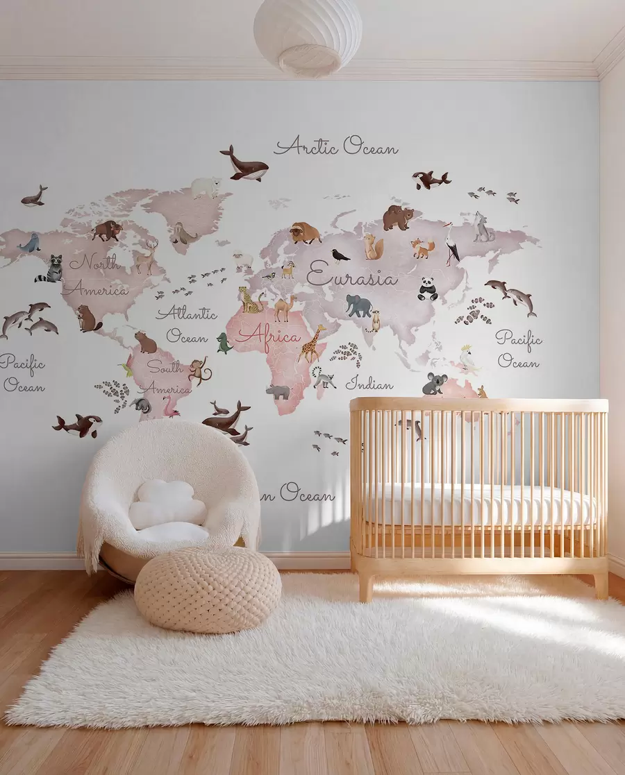 murales de pared Un mapa en tonos beige, con un estilo de acuarela, en el que aparecen animales. Rótulos en inglés c00012env3