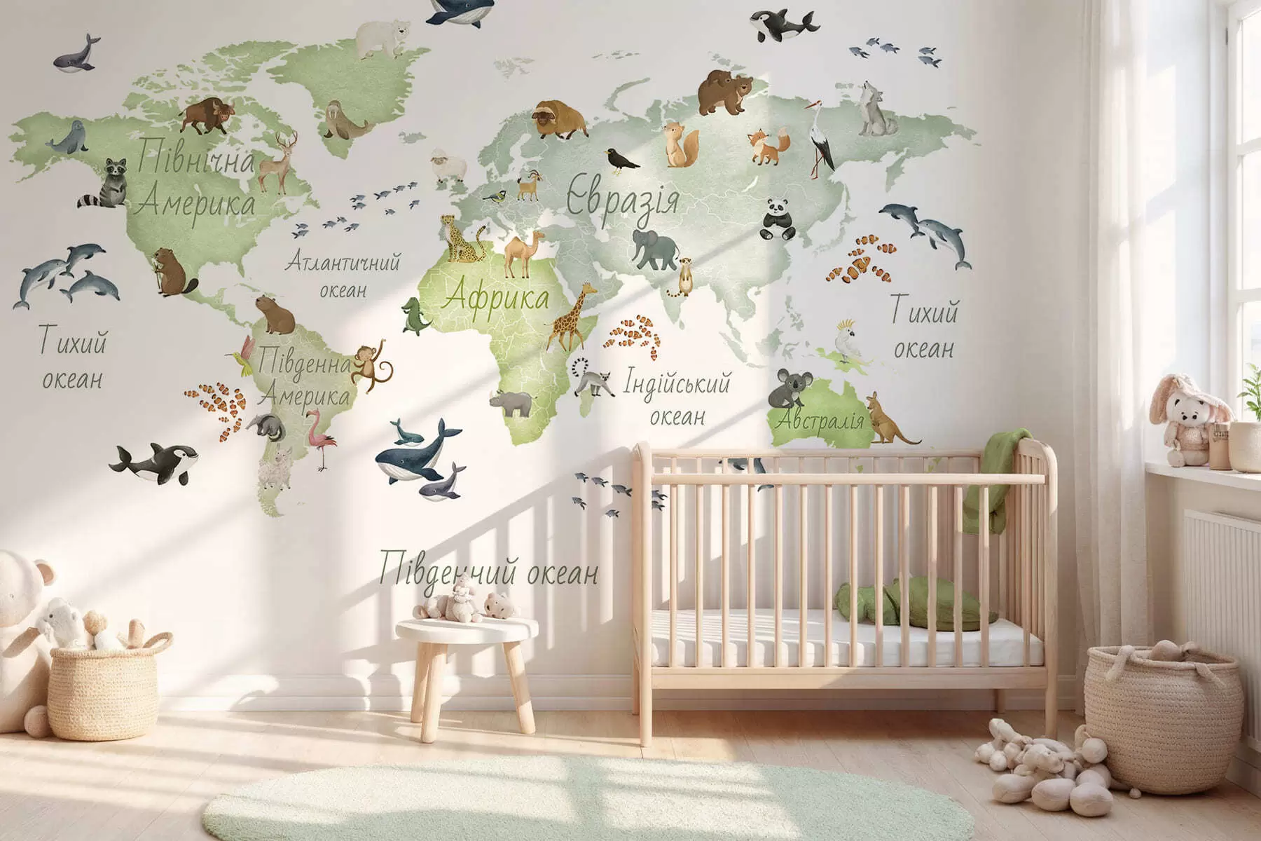 murales de pared Un mapa verde con estilo de acuarela en el que aparecen animales. Etiquetas en ucraniano c00012ukv2