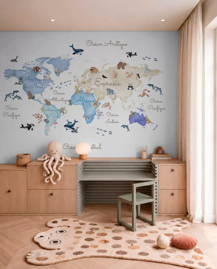murales de pared Un mapa azul de estilo acuarela con animales. Etiquetas en francés c00012frv1