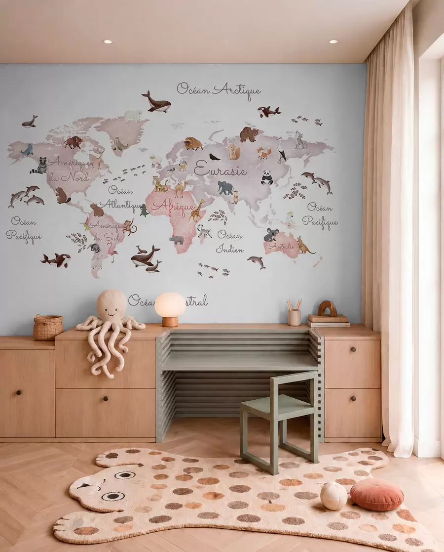 murales de pared Un mapa en tonos beige, con un estilo de acuarela, en el que aparecen animales. Rótulos en francés c00012frv3