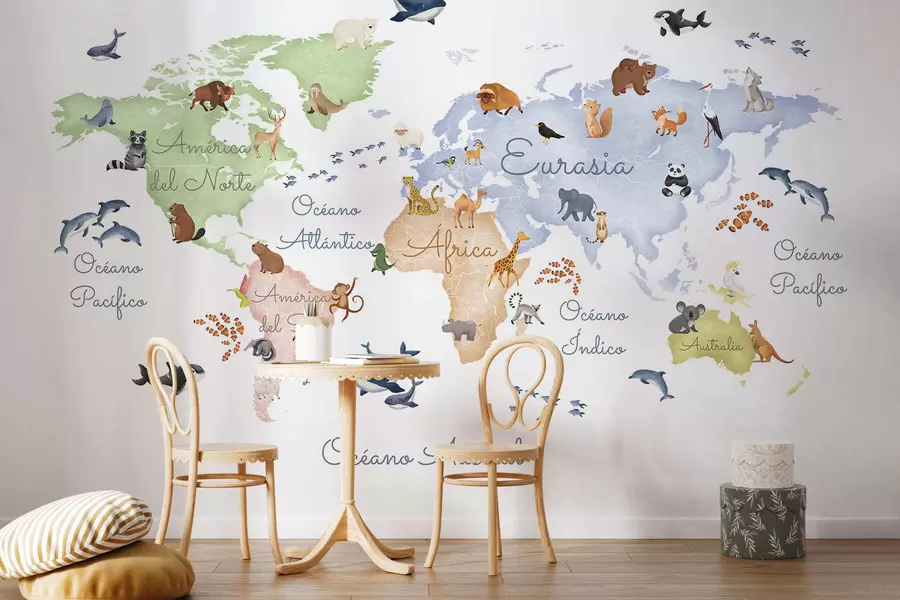 murales de pared Un mapa a color con animales, en estilo acuarela. Etiquetas en español c00012es