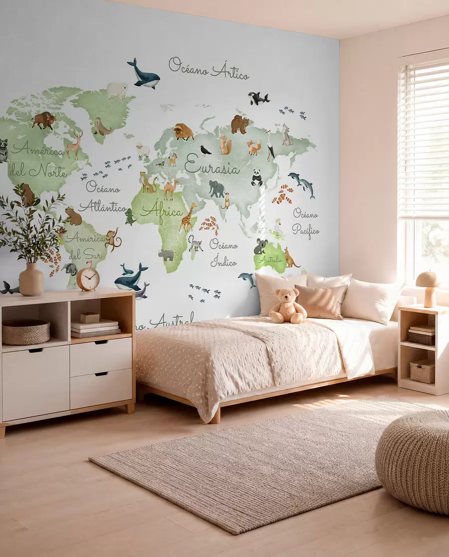 murales de pared Un mapa verde con estilo de acuarela en el que aparecen animales. Etiquetas en español c00012esv2