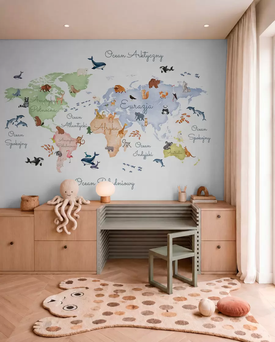 murales de pared Un mapa a color con estilo de acuarela en el que aparecen animales. Etiquetas en polaco c00012pl