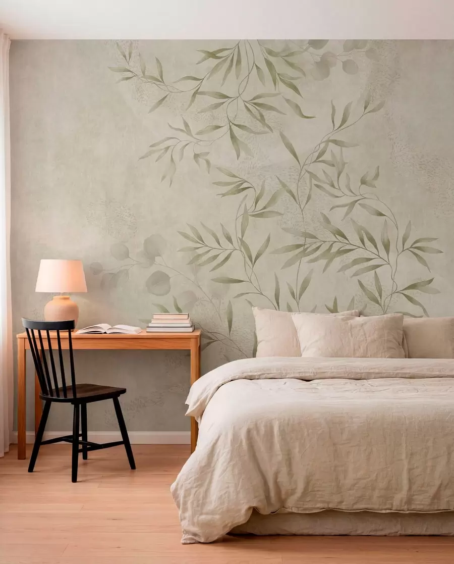 murales de pared Motivo botánico en tonos verde claro sobre un fondo texturizado w05424v1