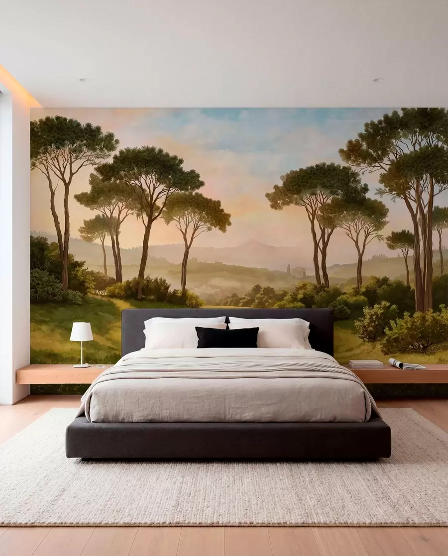 murales de pared Paisaje con árboles bajo la cálida luz del atardecer w05122