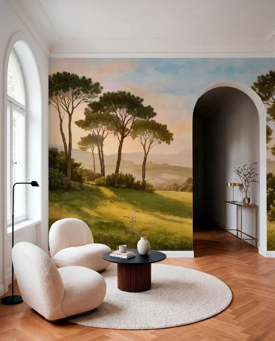 murales de pared Paisaje con árboles bajo la cálida luz del atardecer w05122