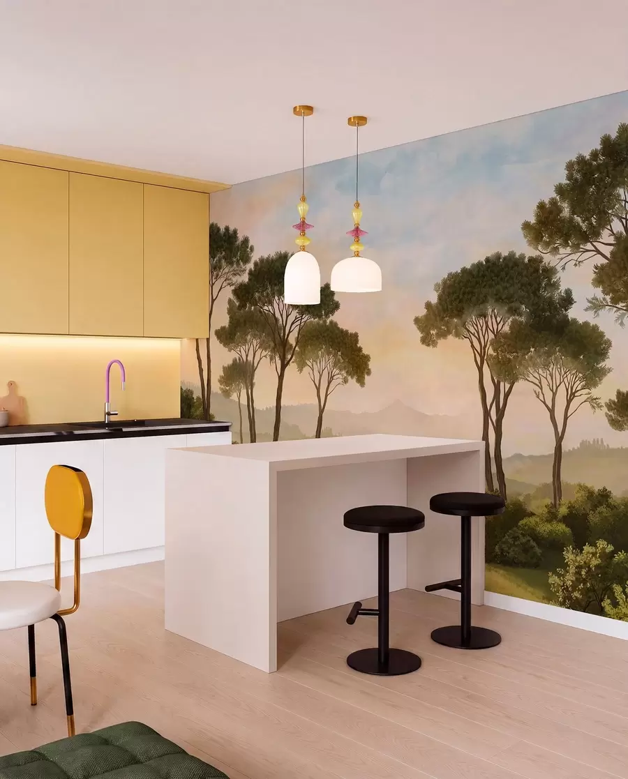 murales de pared Paisaje con árboles bajo la cálida luz del atardecer w05122