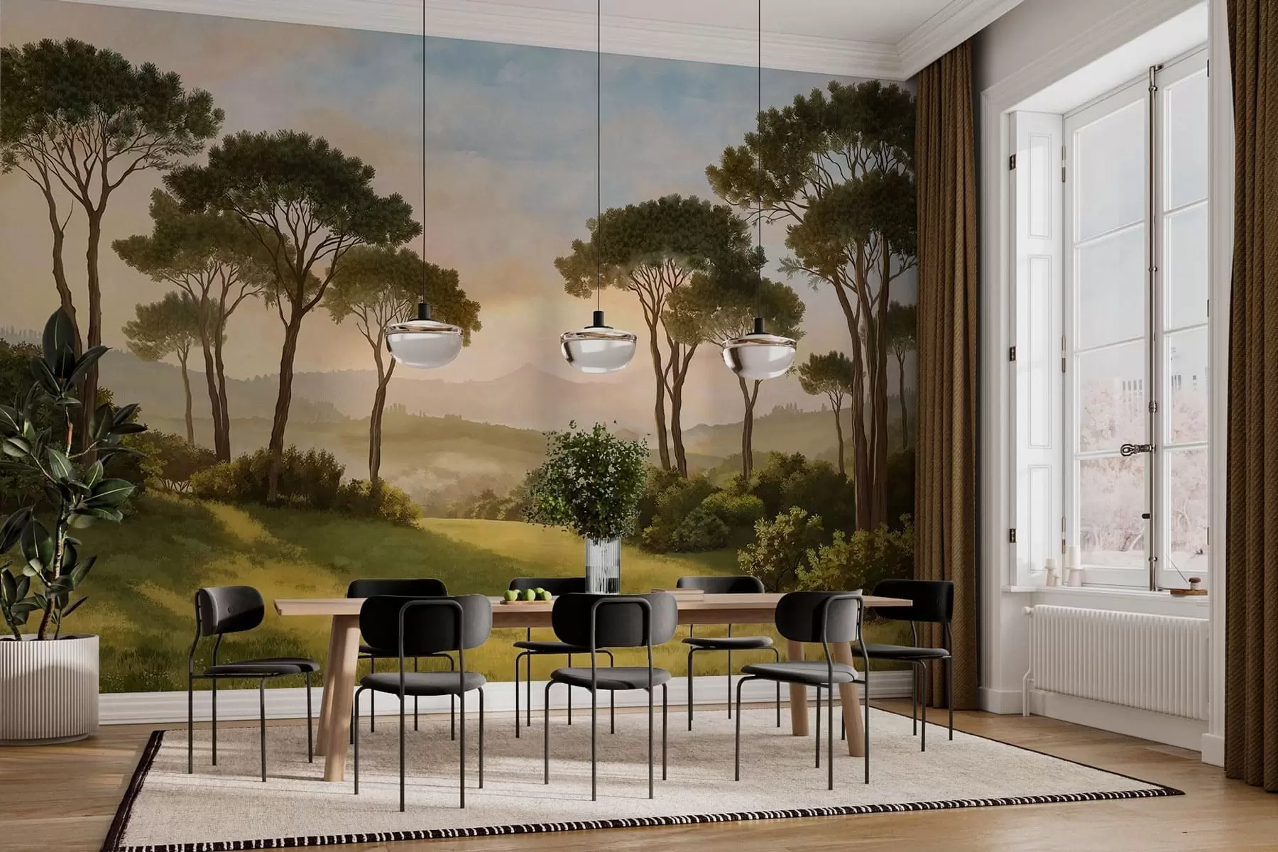 murales de pared Paisaje con árboles bajo la cálida luz del atardecer w05122