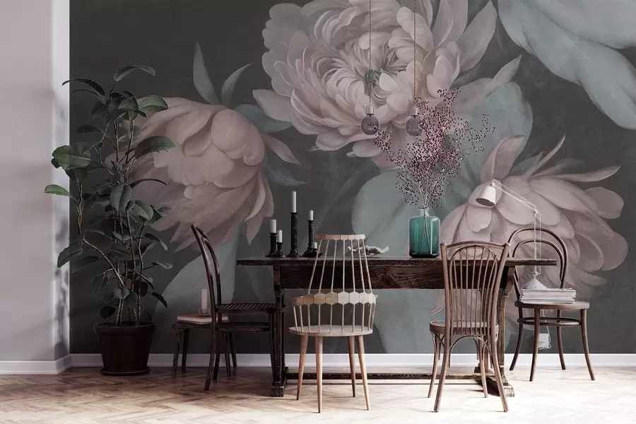 murales de pared Flores de peonía de color rosa claro con textura y hojas de un verde apagado sobre un fondo oscuro w09751v1
