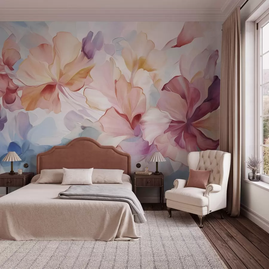murales de pared Flores abstractas de fantasía en tonos rosa, melocotón y lavanda, en estilo pictórico y con textura w09767