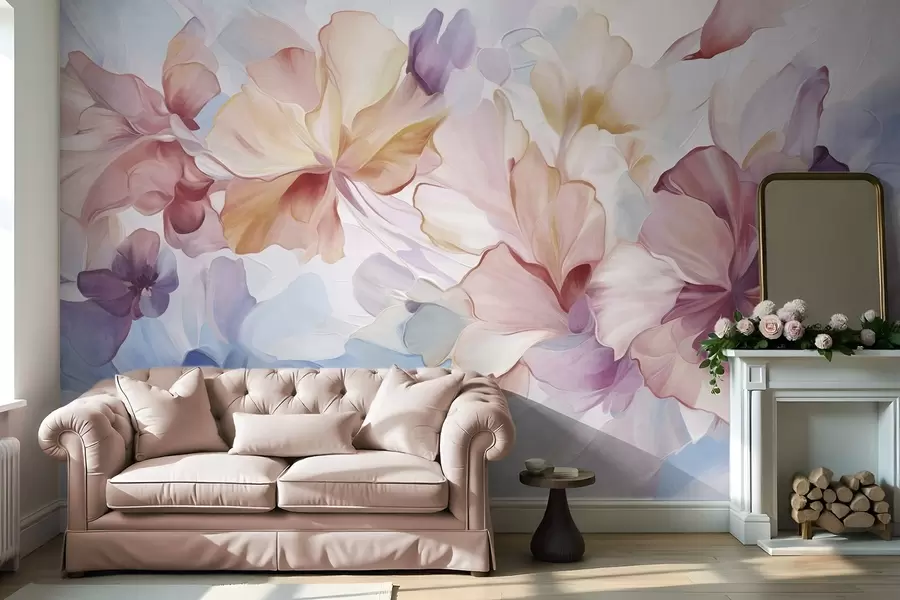 murales de pared Flores abstractas de fantasía en tonos rosa, melocotón y lavanda, en estilo pictórico y con textura w09767
