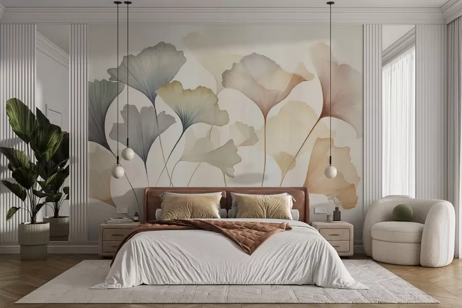 murales de pared Hoja de ginkgo abstracta en tonos pastel apagados, como el azul, el verde y el melocotón; obra de arte con textura w09810