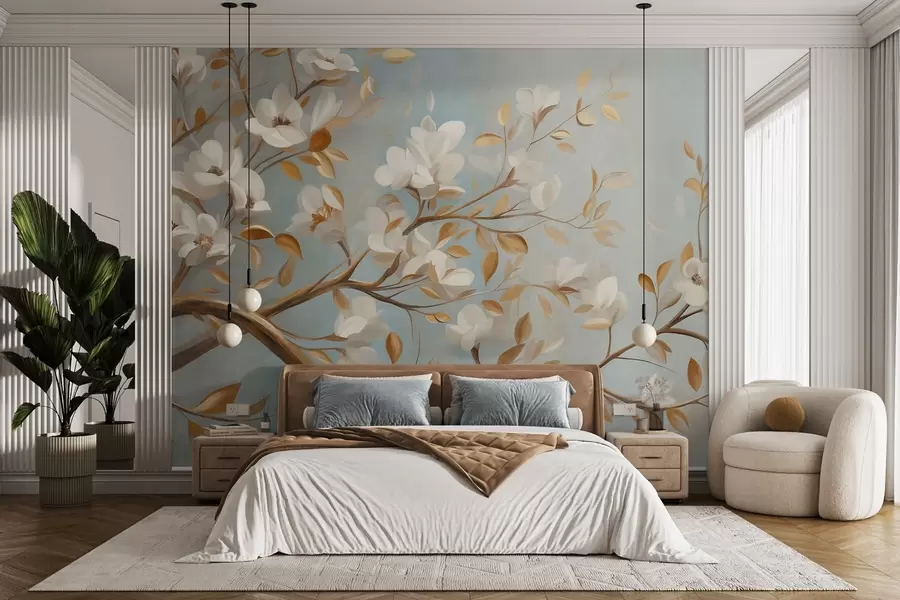 murales de pared Rama de árbol con textura, flores blancas y hojas amarillas, estilo vintage w09814
