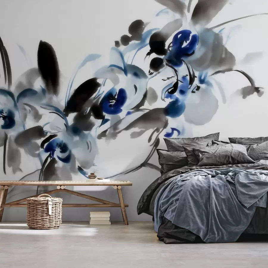 murales de pared Elegantes flores abstractas en estilo acuarela oriental con toques de azul y negro, orquídeas w09797