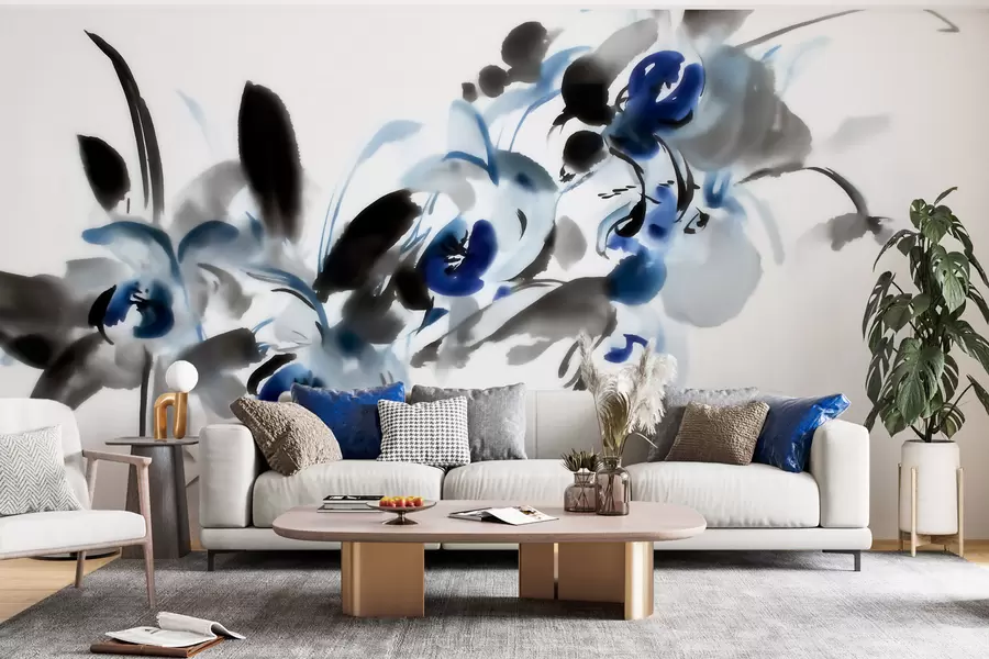murales de pared Elegantes flores abstractas en estilo acuarela oriental con toques de azul y negro, orquídeas w09797