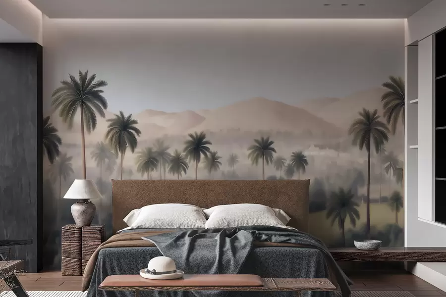murales de pared Paisaje tropical con palmeras y montañas, panorámica de estilo vintage en tonos beige y verdes w09798
