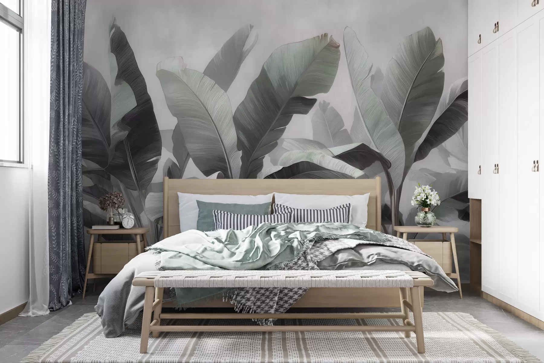 murales de pared Hojas de plátano tropicales de gran tamaño en una paleta neutra con suaves tonos gris verdosos w09805
