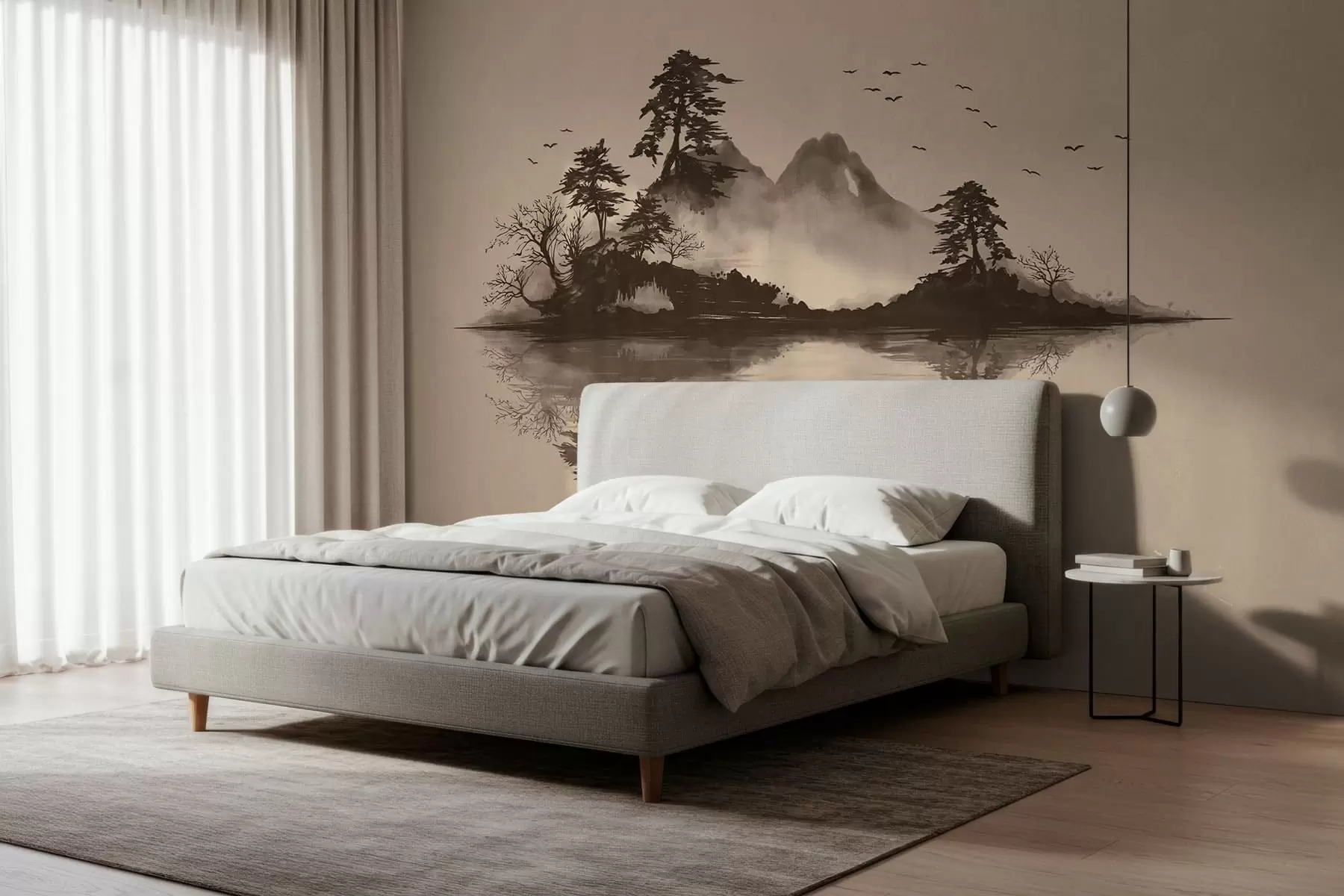 murales de pared Paisaje montañoso en estilo sumi-e con pinos y reflejos w05124