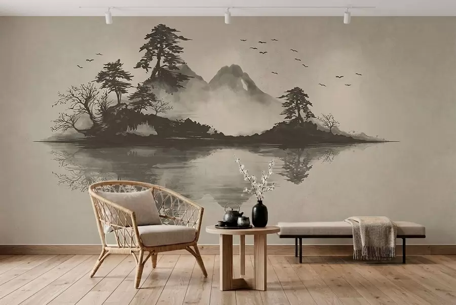murales de pared Paisaje montañoso en estilo sumi-e en suaves tonos grises w05124v1