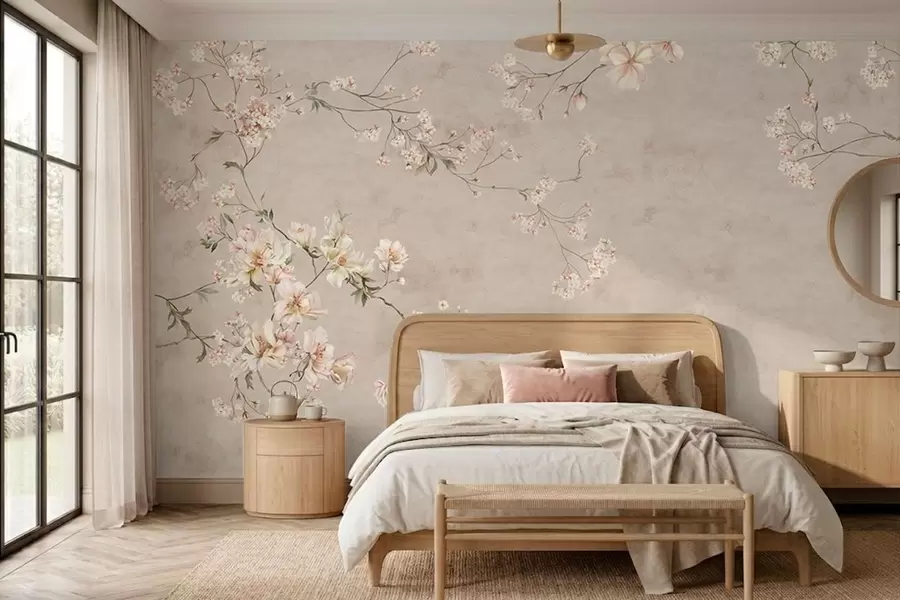 murales de pared Ramas florales delicadas de estilo chinoiserie sobre fondo claro w05427