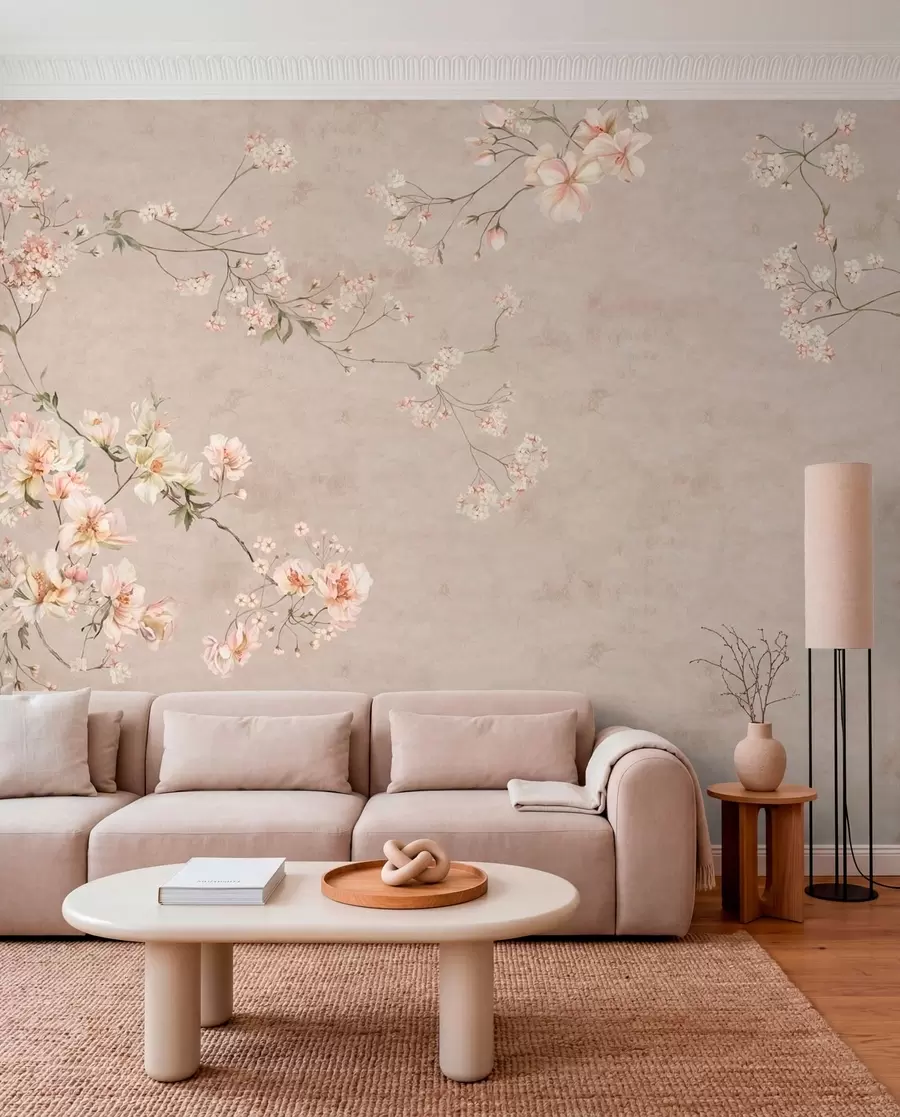 murales de pared Ramas florales delicadas de estilo chinoiserie sobre fondo claro w05427