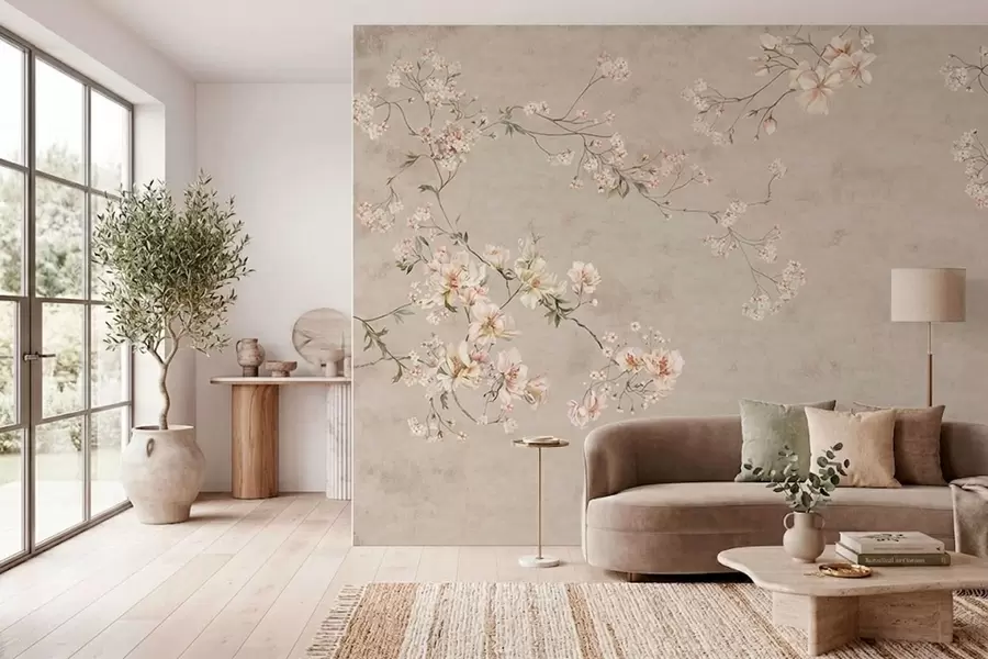 murales de pared Ramas florales delicadas de estilo chinoiserie sobre fondo claro w05427