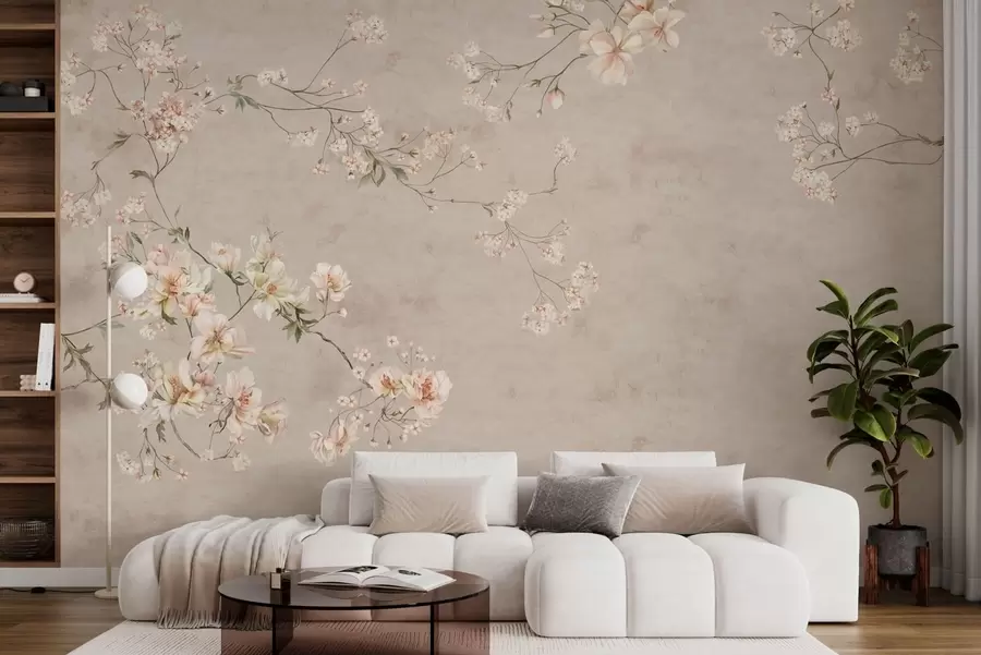 murales de pared Ramas florales delicadas de estilo chinoiserie sobre fondo claro w05427