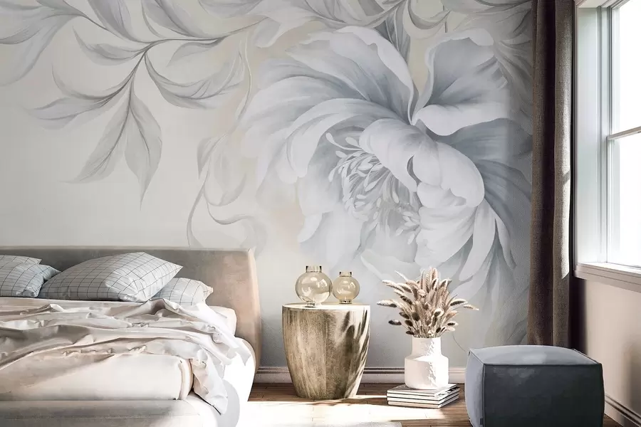 murales de pared Peonía grande y con relieve, de pétalos delicados y hojas grises, pintada con un estilo suave w09647