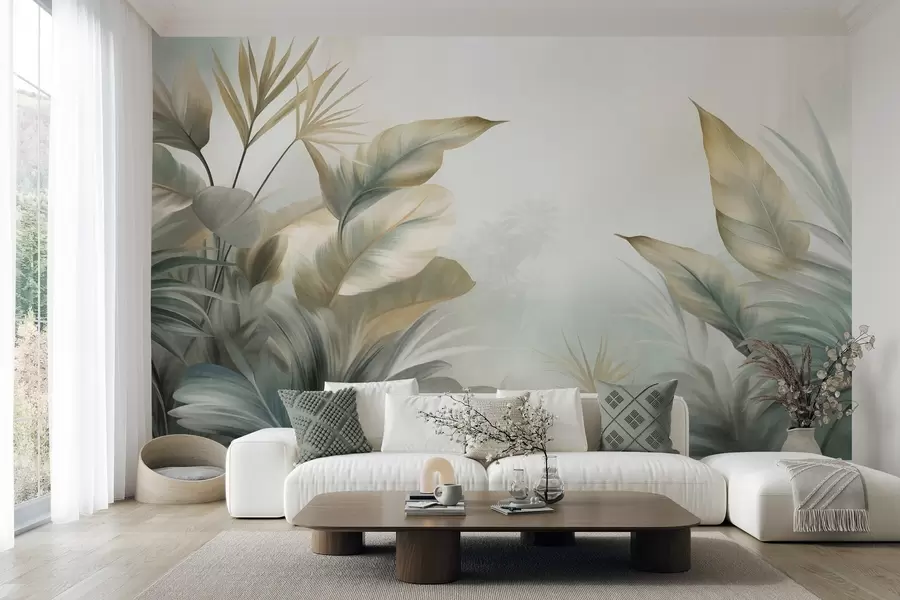 murales de pared Hojas tropicales grandes y con textura en tonos apagados de verde y beige, un ambiente selvático w09820