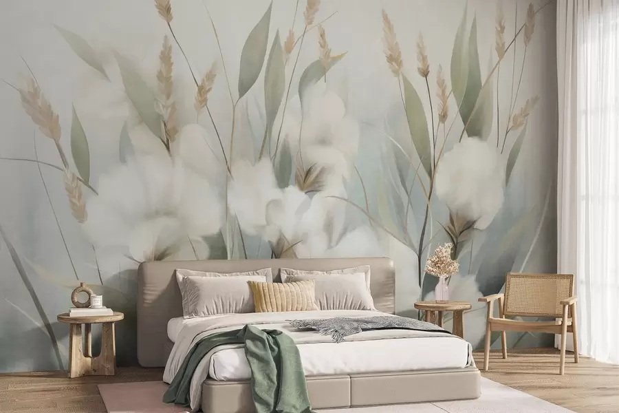 murales de pared Flores secas blancas y hierba alta sobre un fondo suave y tenue, pintadas en estilo impresionista w09823