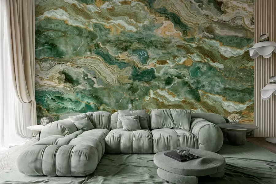 murales de pared Textura de ónix verde con vetas fluidas en capas w05429