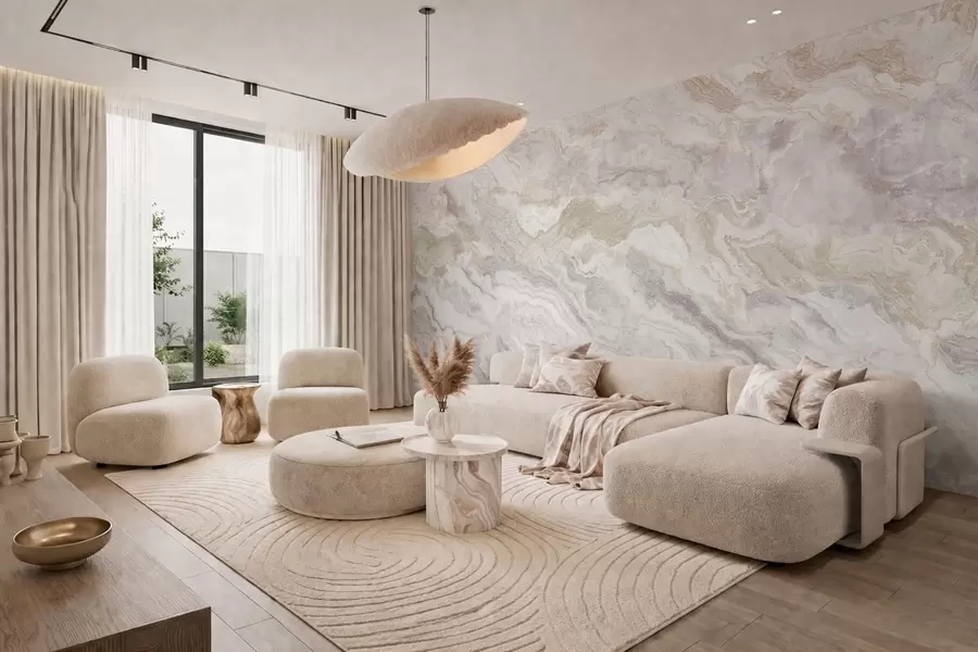 murales de pared Ónix claro con capas fluidas en tonos beige y gris w05430