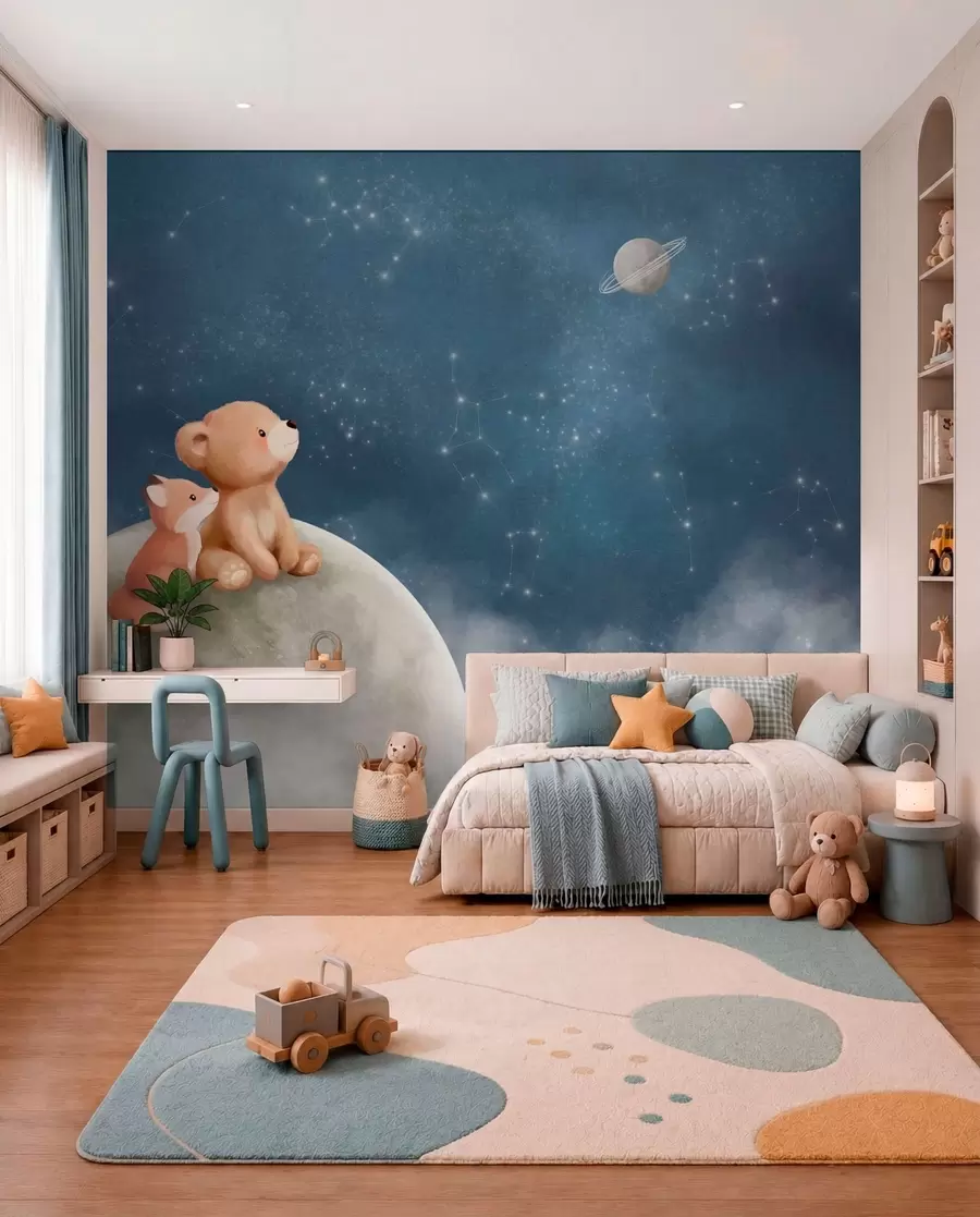murales de pared Ilustración en tonos pastel de un oso y un zorro bajo el cielo nocturno w05431