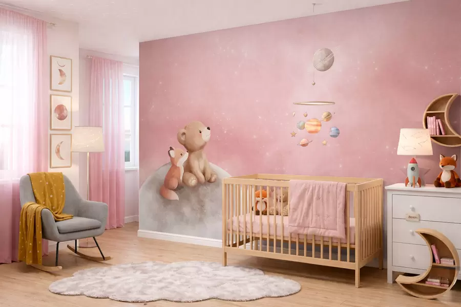 murales de pared Ilustración al pastel de un oso y un zorro bajo un cielo rosa con la luna w05431v2