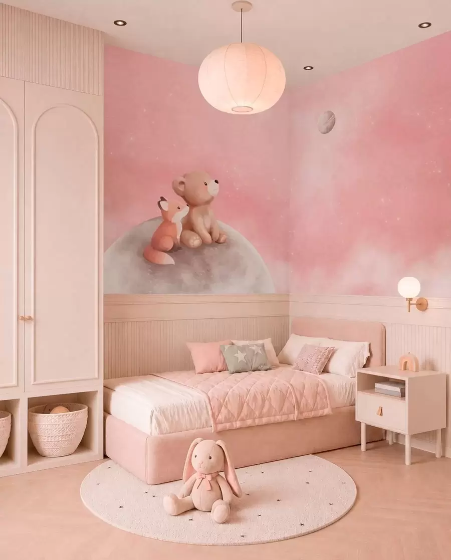 murales de pared Ilustración al pastel de un oso y un zorro bajo un cielo rosa con la luna w05431v2