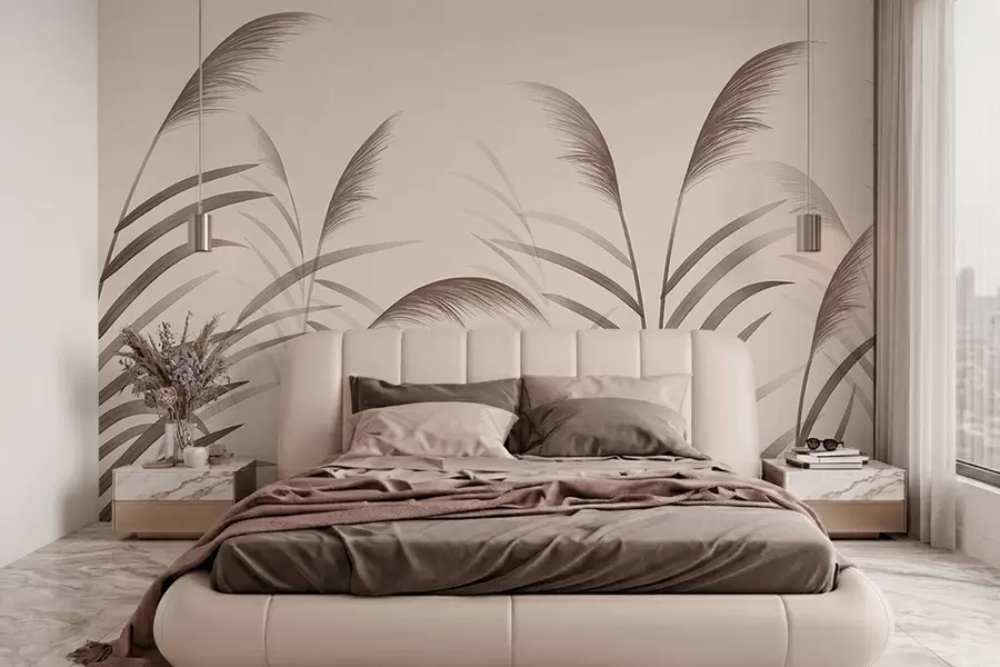 murales de pared Siluetas minimalistas de caña en tonos beige w05432