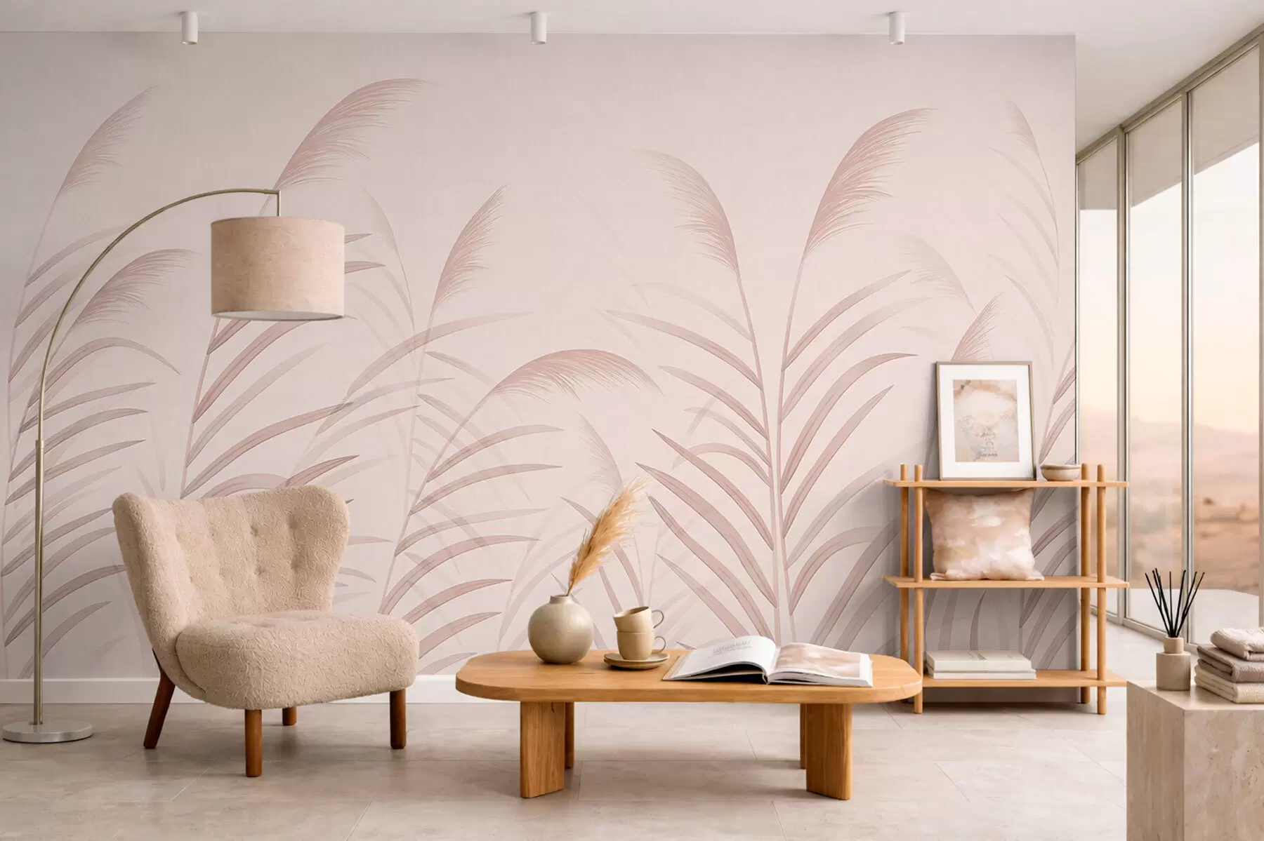 murales de pared Hierbas minimalistas en suaves tonos rosados w05432v2