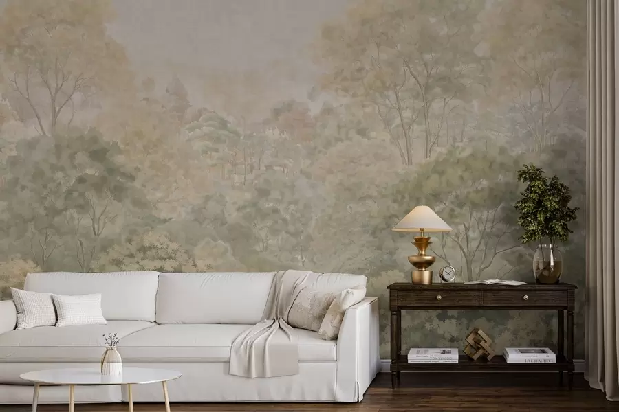 murales de pared Paisaje forestal de estilo vintage en tonos verdes apagados w05433