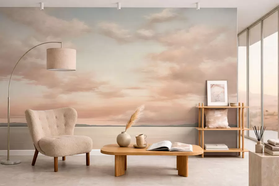 murales de pared Horizonte marino minimalista con nubes en tonos pastel w05516