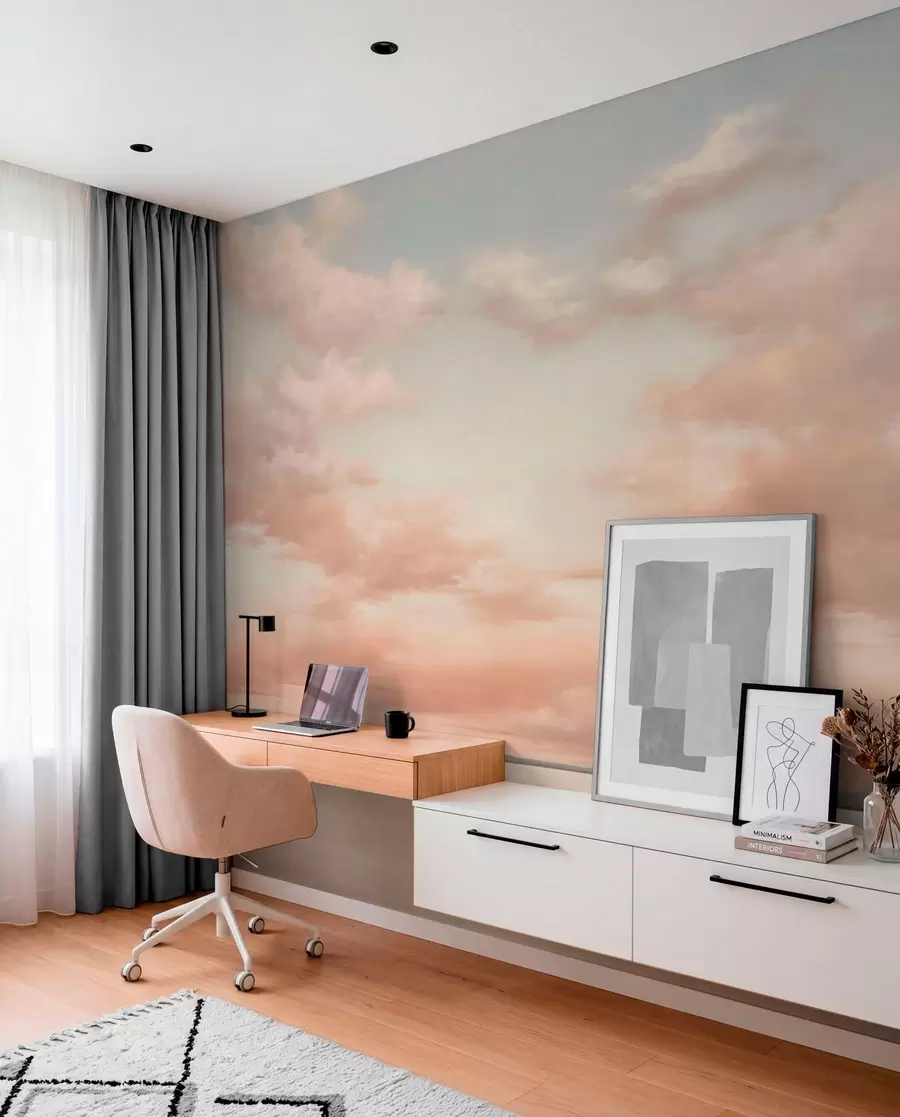 murales de pared Horizonte marino minimalista con nubes en tonos pastel w05516