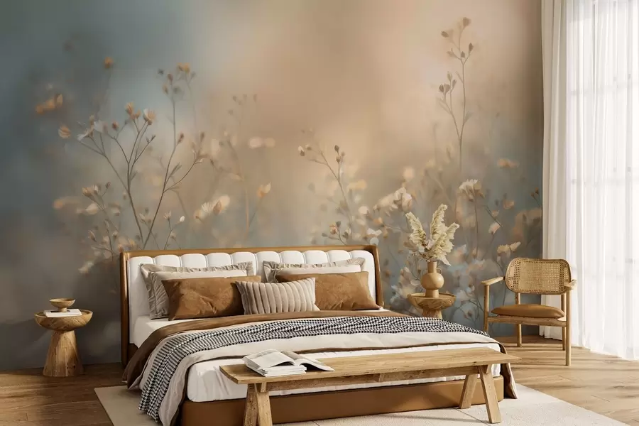 murales de pared hierbas de campo con flores pequeñas, con una profundidad de campo reducida w05386