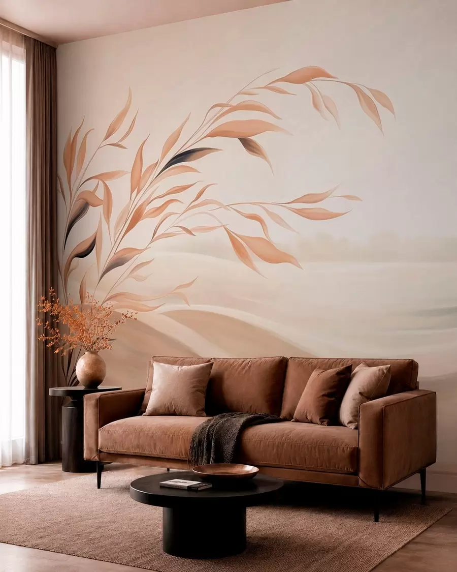 murales de pared Un paisaje apacible con una rama sobre las colinas, en tonos beige claro w05297