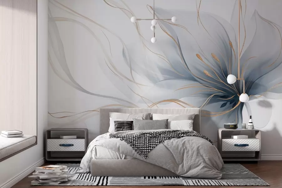 murales de pared Una flor azul abstracta con líneas fluidas al estilo del arte fluido w05428