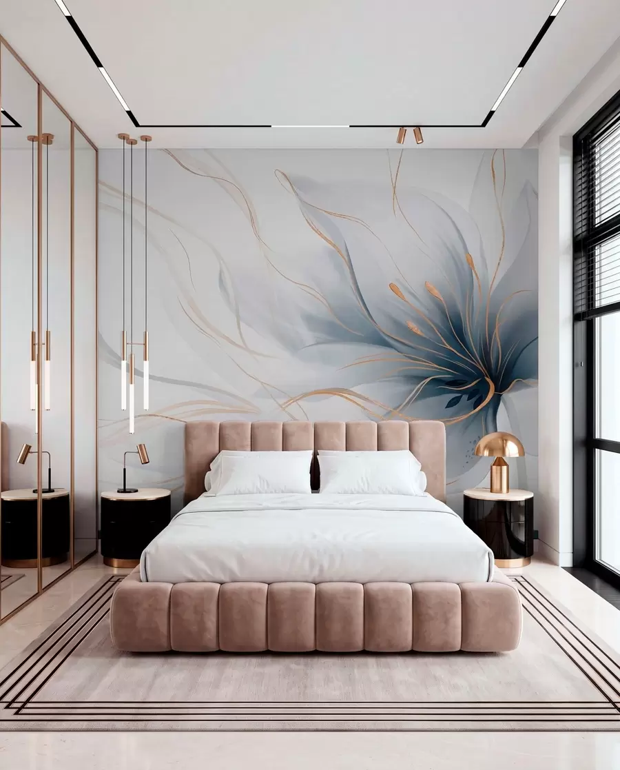 murales de pared Una flor azul abstracta con líneas fluidas al estilo del arte fluido w05428