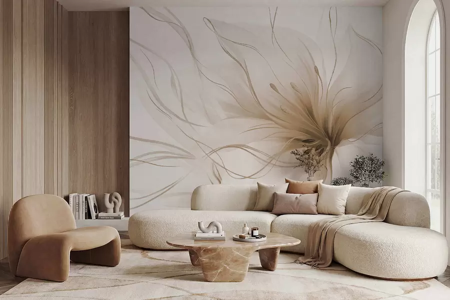murales de pared Una flor abstracta de color beige con líneas fluidas al estilo del arte fluido w05428v2
