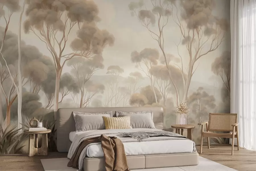 murales de pared Un paisaje boscoso envuelto en niebla con altos eucaliptos, colinas onduladas bajo un cielo nublado; obra de arte con textura w09822
