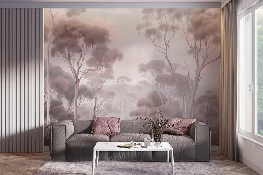 murales de pared Un paisaje boscoso envuelto en niebla con altos eucaliptos, colinas onduladas bajo un cielo nublado; obra de arte con textura w09822v1