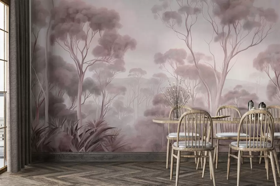 murales de pared Un paisaje boscoso envuelto en niebla con altos eucaliptos, colinas onduladas bajo un cielo nublado; obra de arte con textura w09822v1