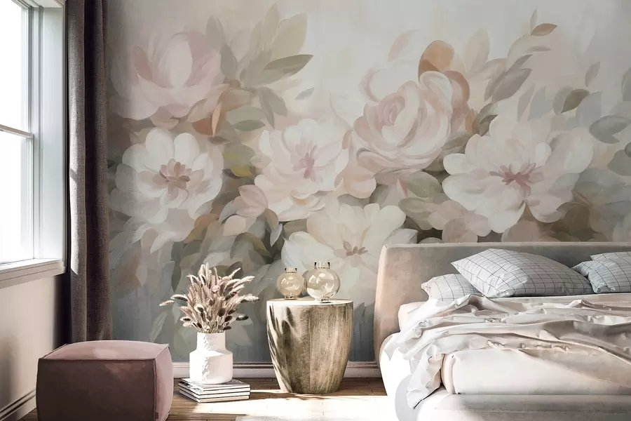 murales de pared Flores de color rosa pálido y blanco con hojas verdes, estilo pictórico, estilo impresionista, arte texturizado w09824